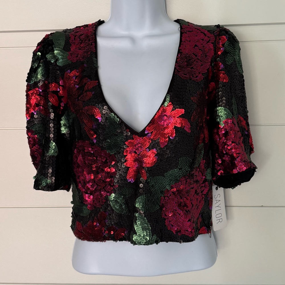 SAYLOR Sequin Floral V-Neck Blouse, Women’s S